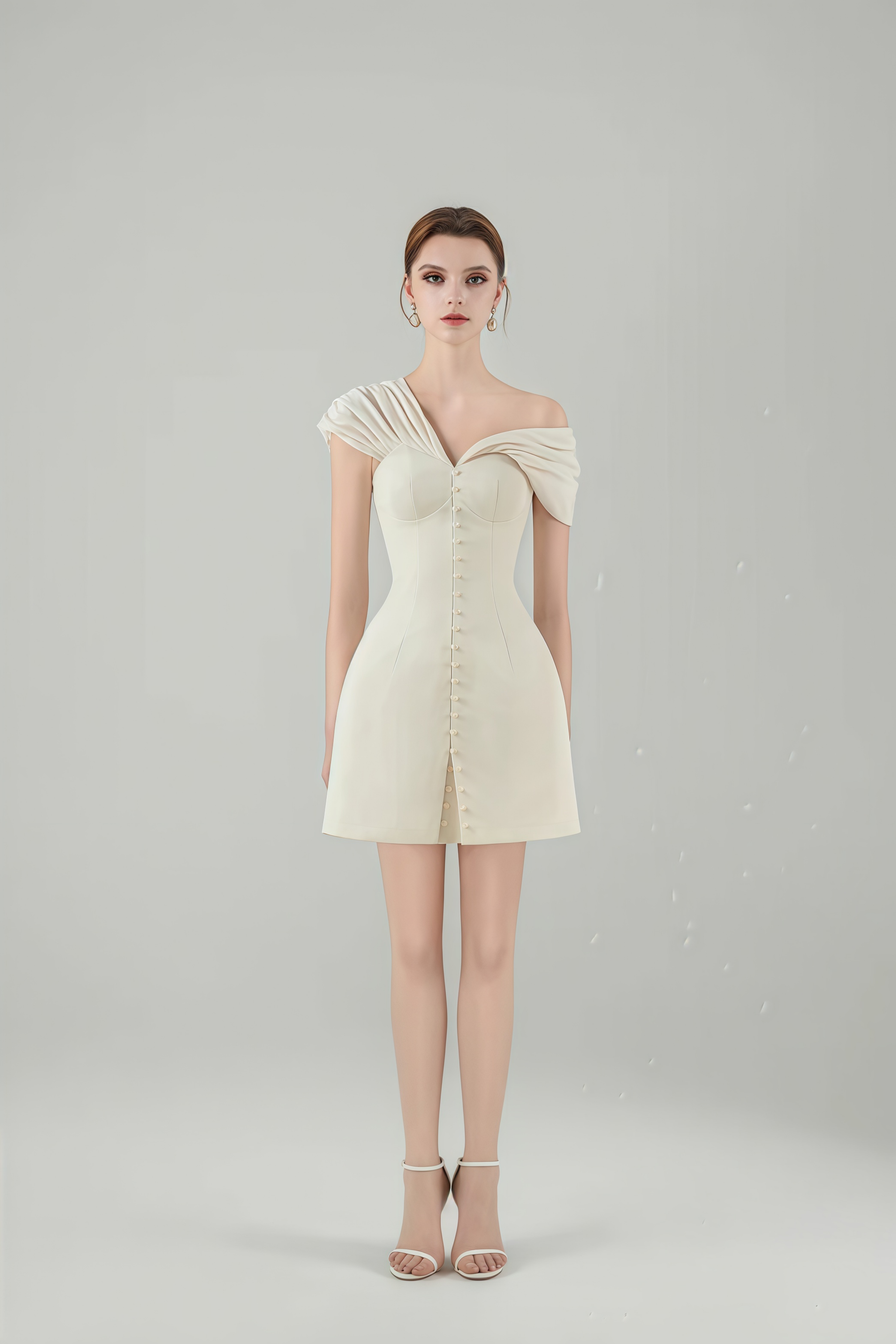 Josiane Cream White Plunge Neck Ruched Mini Dress