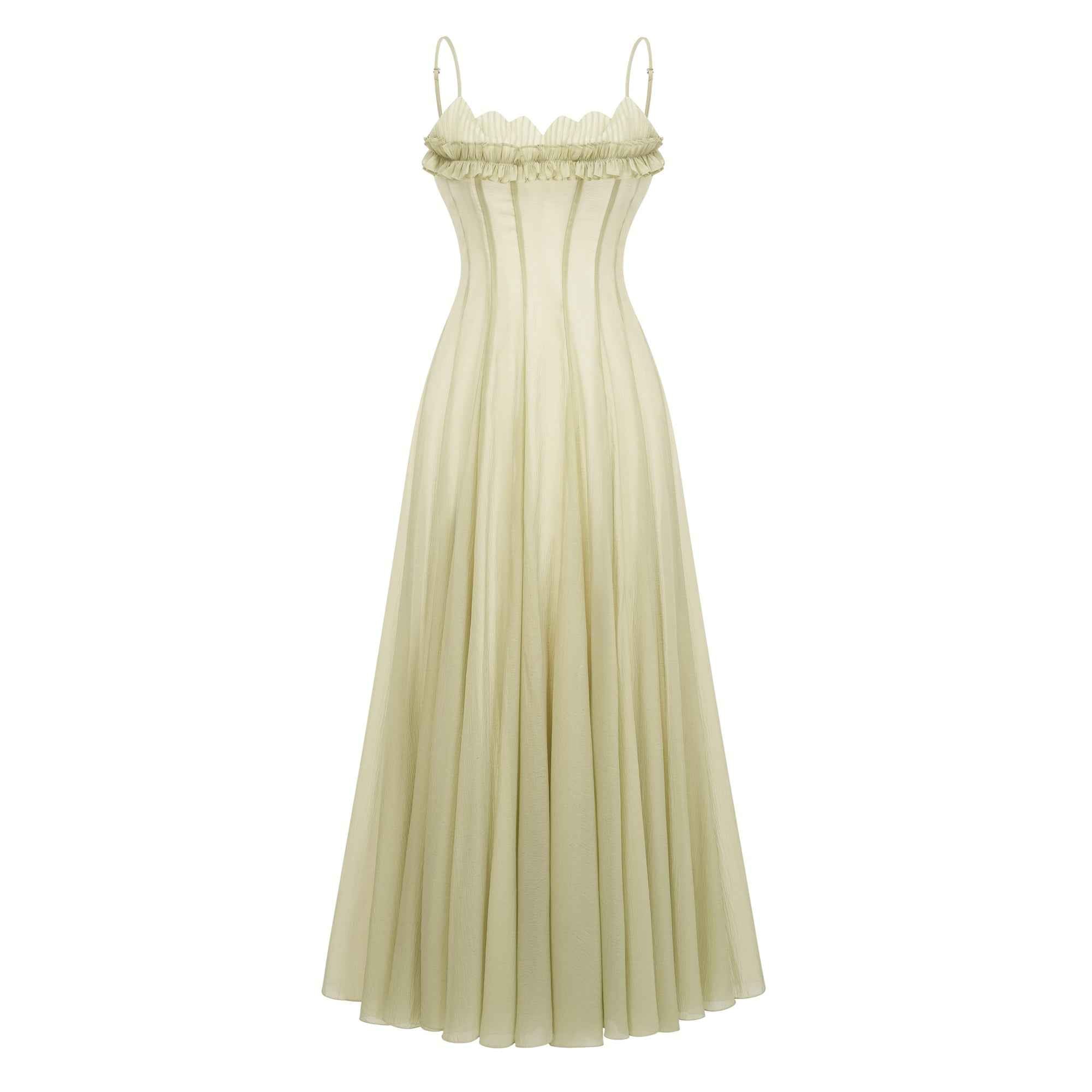 Olympe Ruffled Shirred Tulle Maxi Dress Green