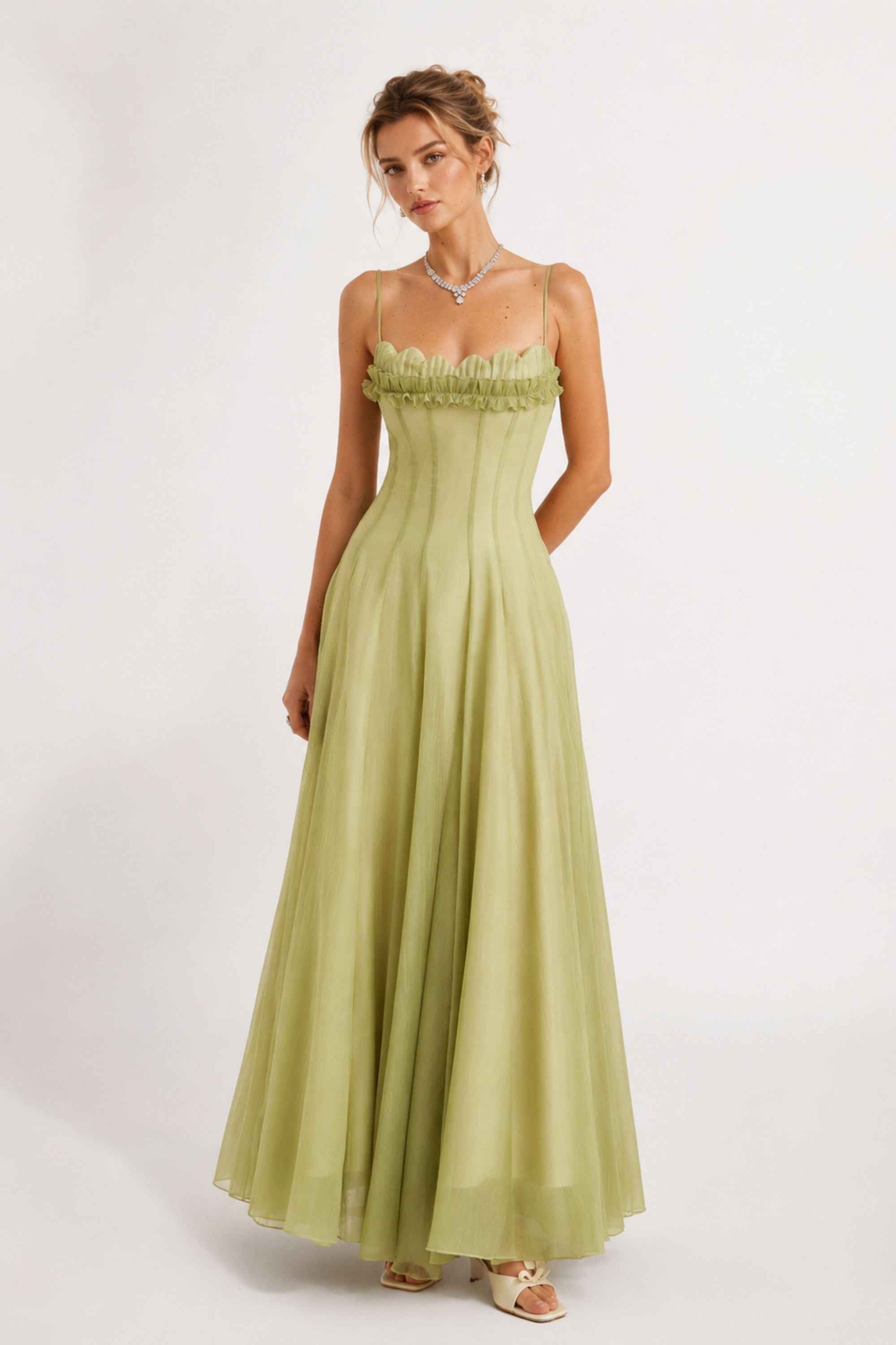 Olympe Ruffled Shirred Tulle Maxi Dress Green