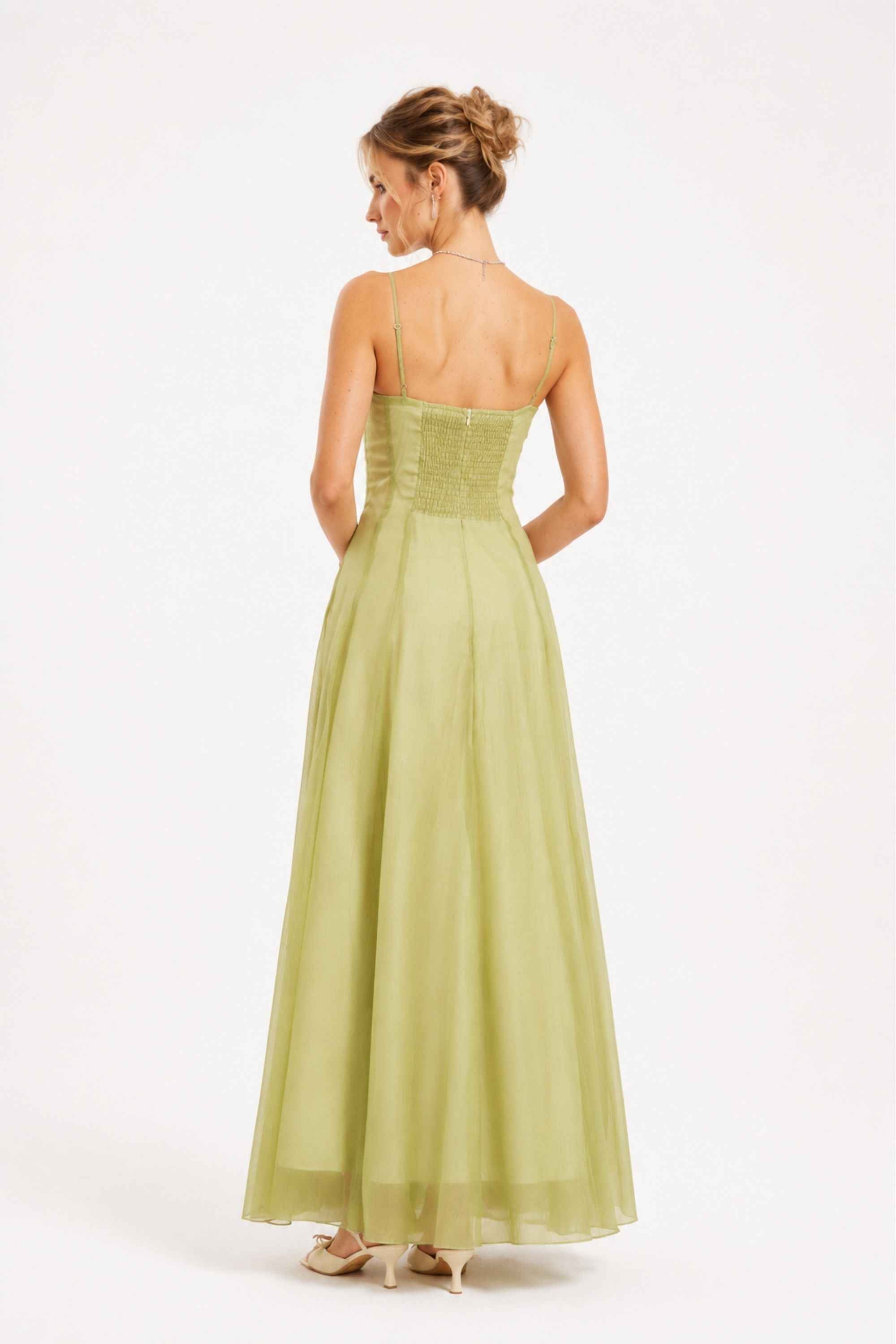 Olympe Ruffled Shirred Tulle Maxi Dress Green