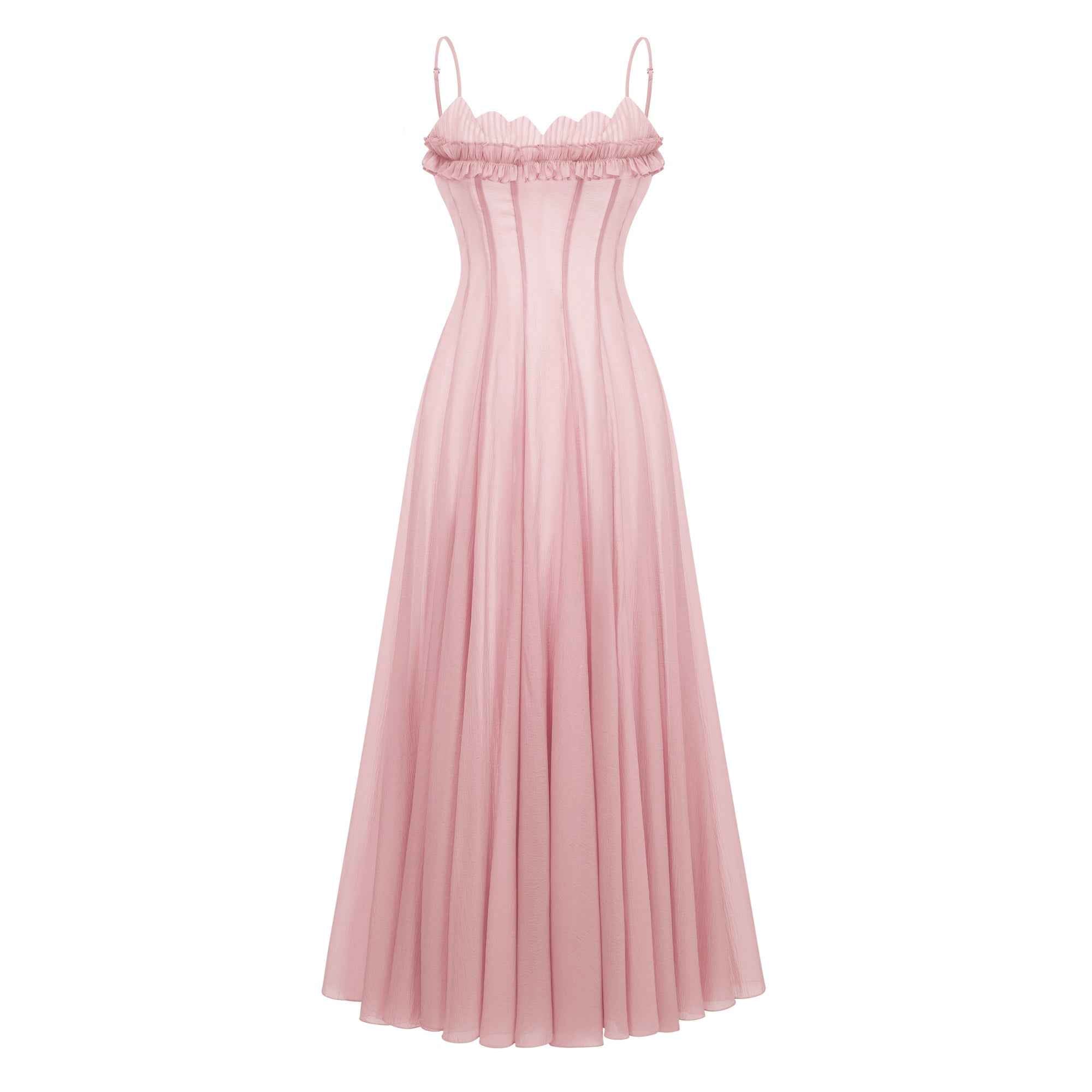 Olympe Ruffled Shirred Tulle Maxi Dress Pink