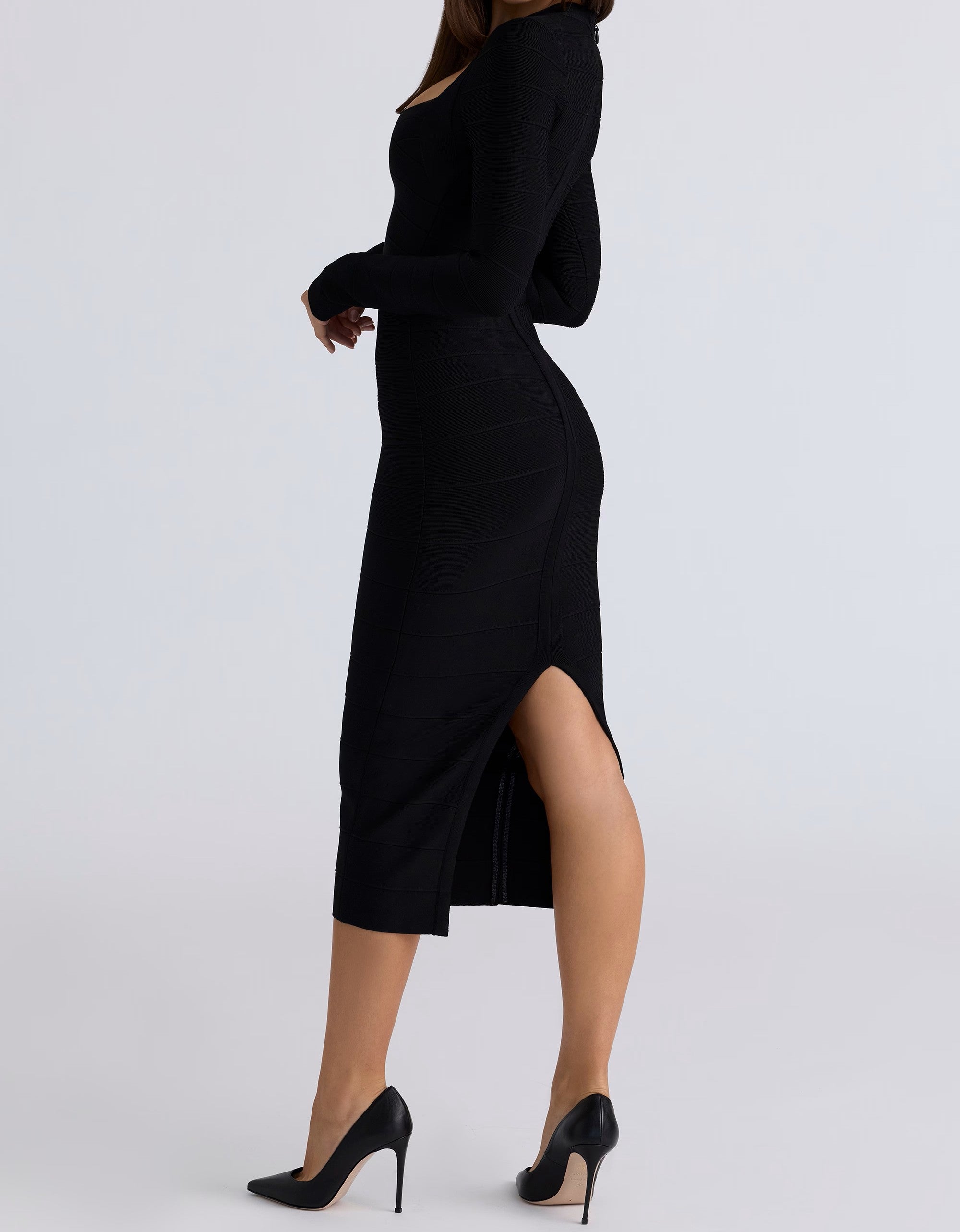 Black Long Sleeve Bandage Midi Dress - ICYBOO