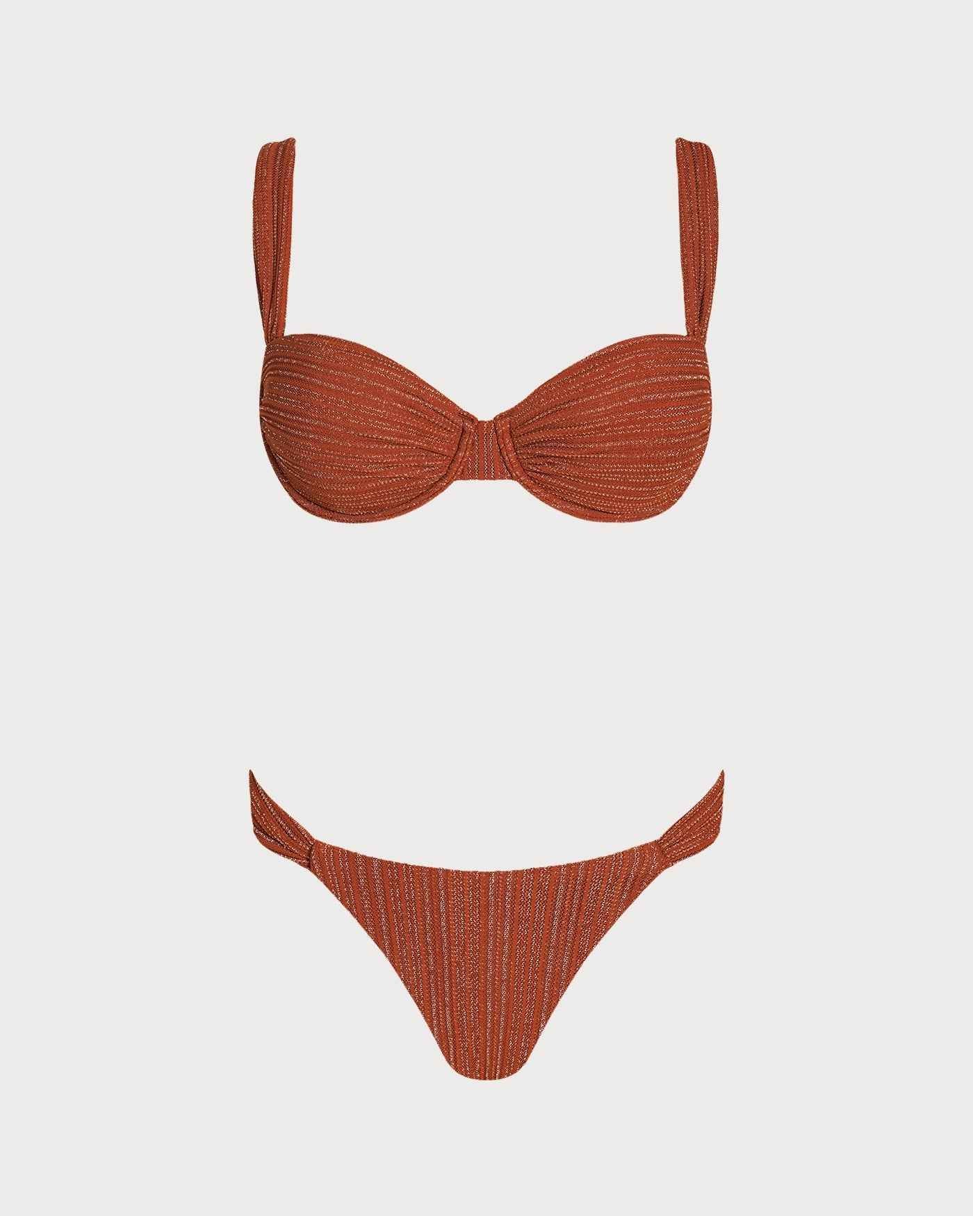 Ruched Sequin Sweetheart Neck Mini Summer Bikini Set - Brick Red