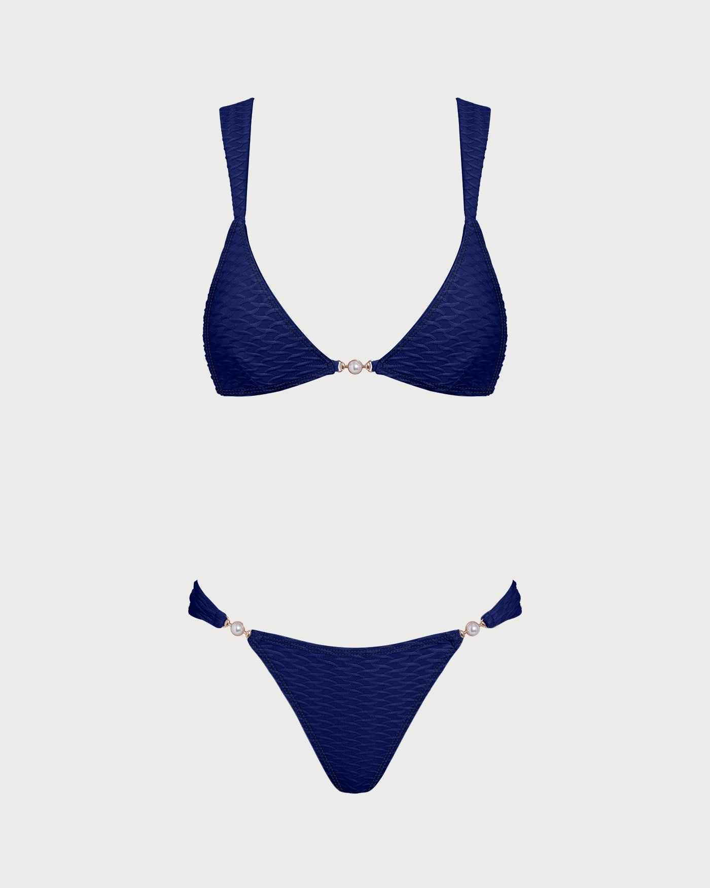 Textured Rhinestone High Cut Summer Bikini Set - Royal Blue