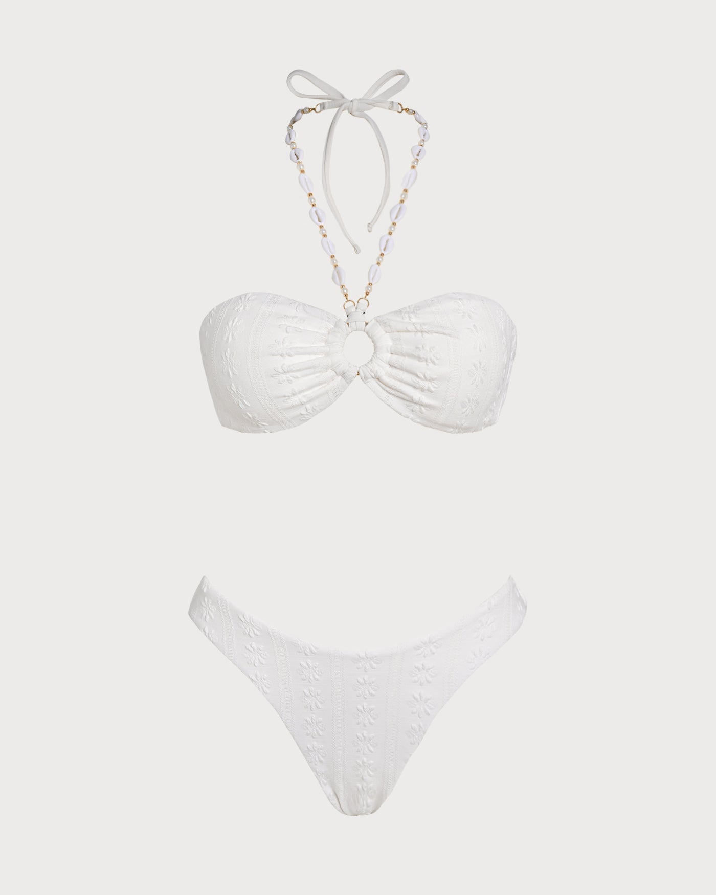 Halter Floral Ruched Summer Bikini Set - White