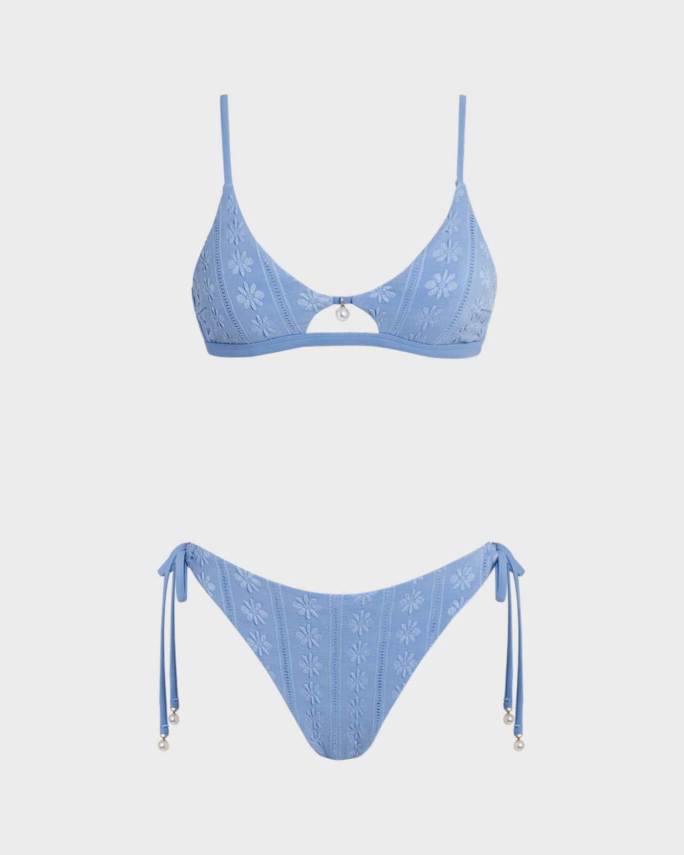 Floral Textured High Cut Summer Bikini Set - Blue
