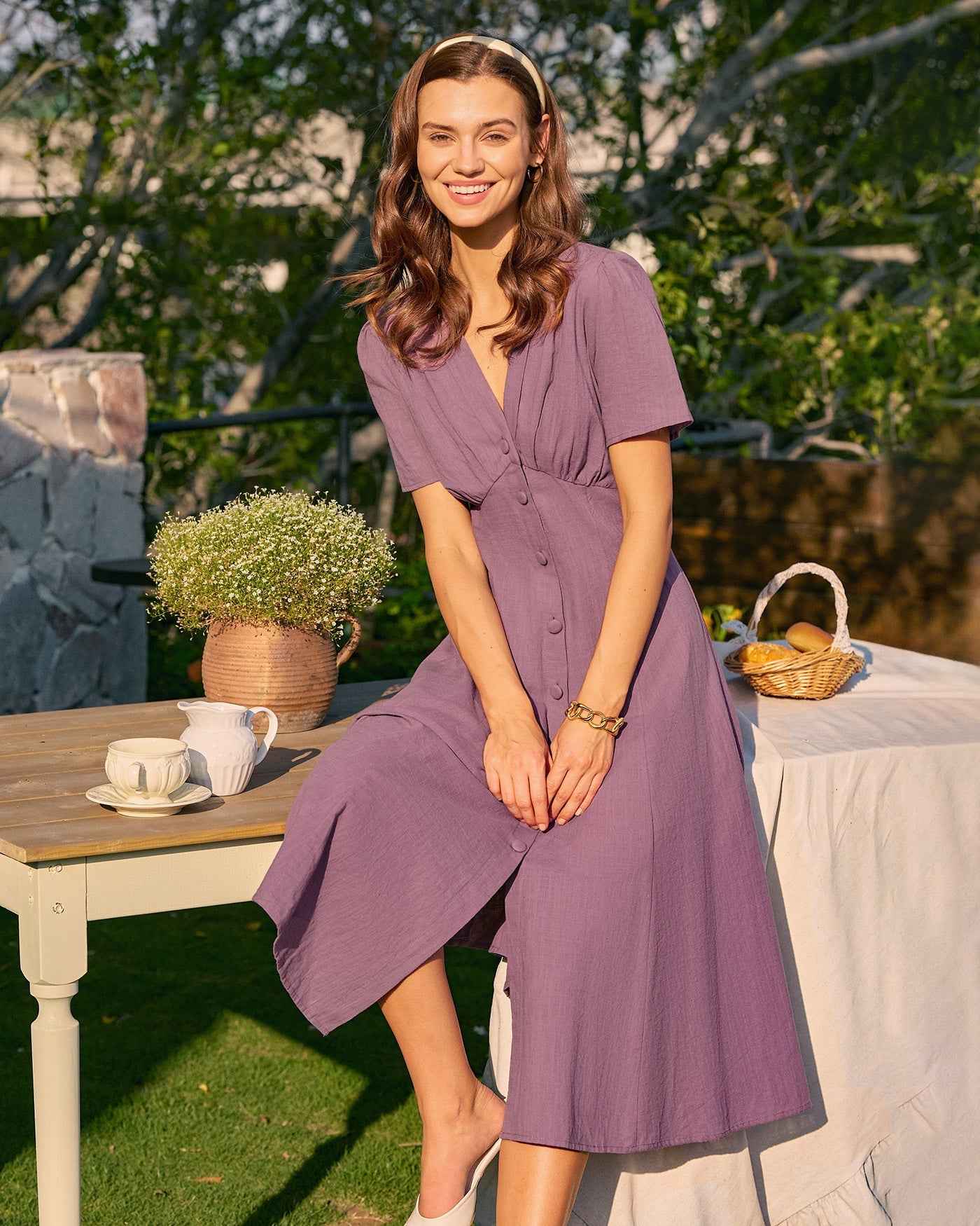 Ruched Elegant V Neck Midi Casual Dress - Purple