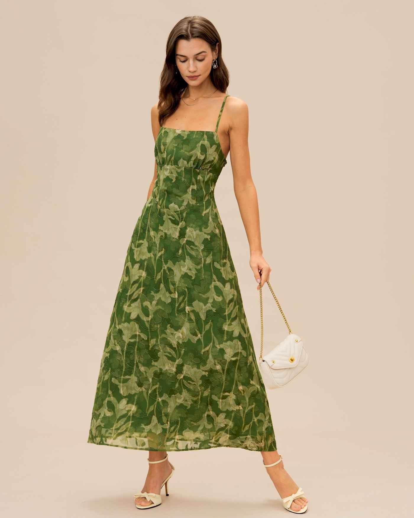 Floral Jacquard A-Line Maxi Prom Dress - Green