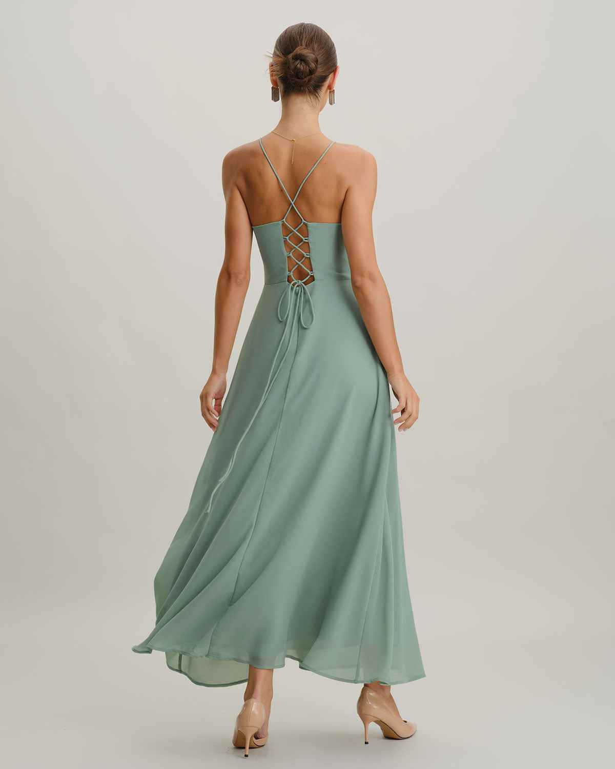 Backless Tie Slit Maxi Prom Dress - Green