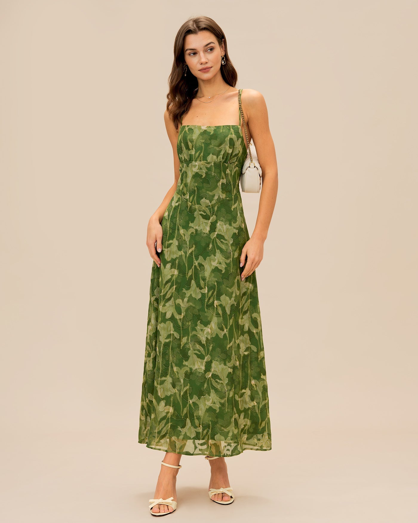Floral Jacquard A-Line Maxi Prom Dress - Green