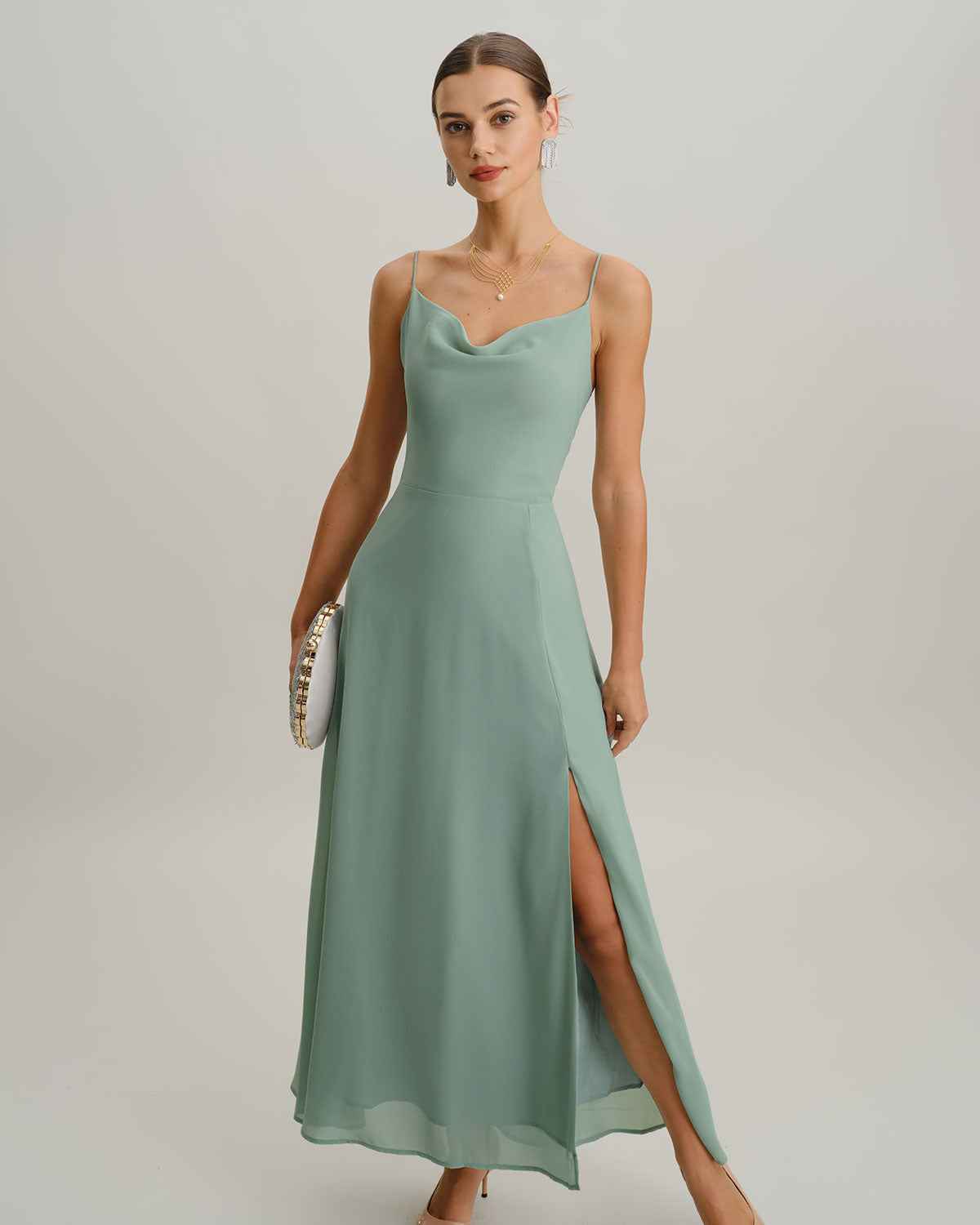 Backless Tie Slit Maxi Prom Dress - Green