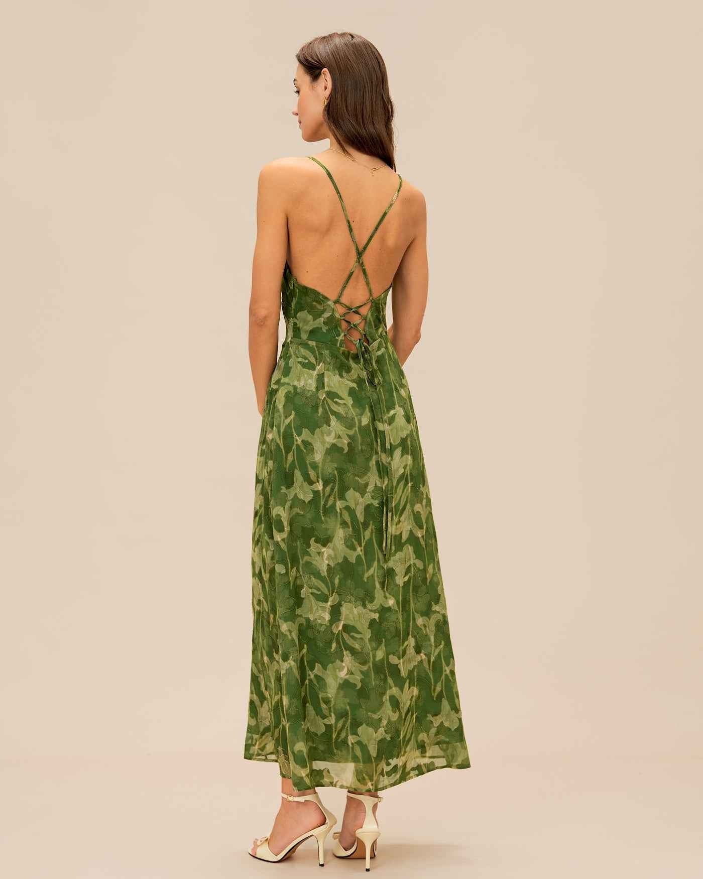 Floral Jacquard A-Line Maxi Prom Dress - Green