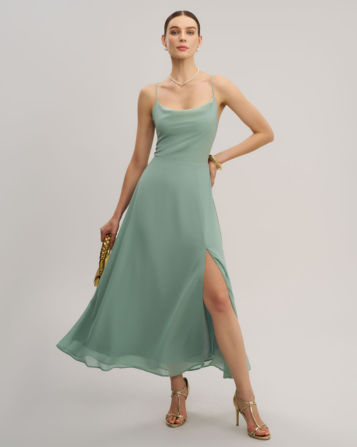 Backless Tie Slit Maxi Prom Dress - Green