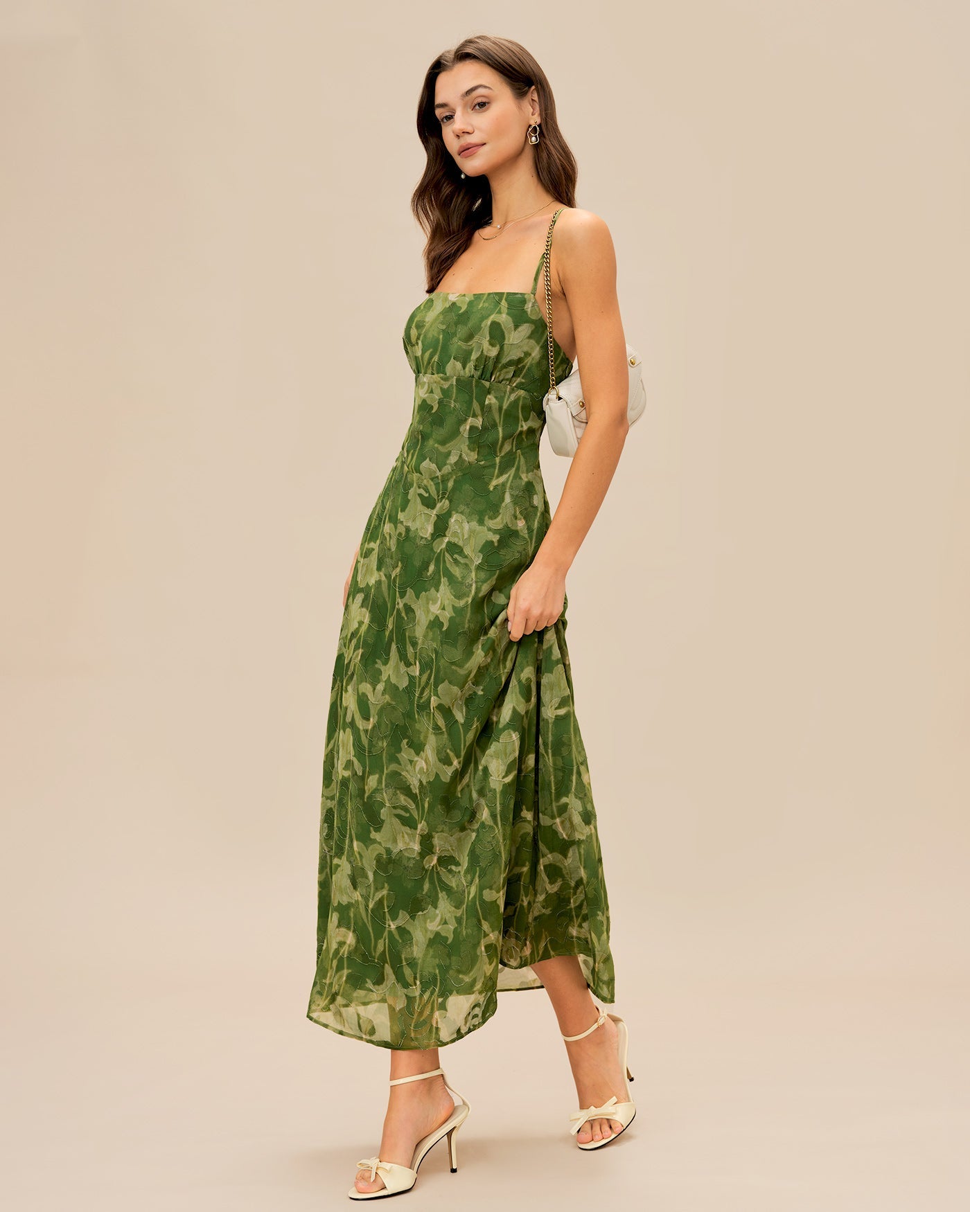 Floral Jacquard A-Line Maxi Prom Dress - Green