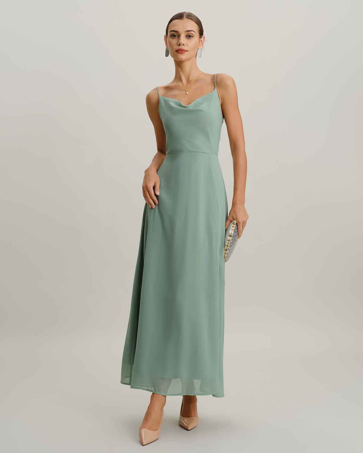 Backless Tie Slit Maxi Prom Dress - Green