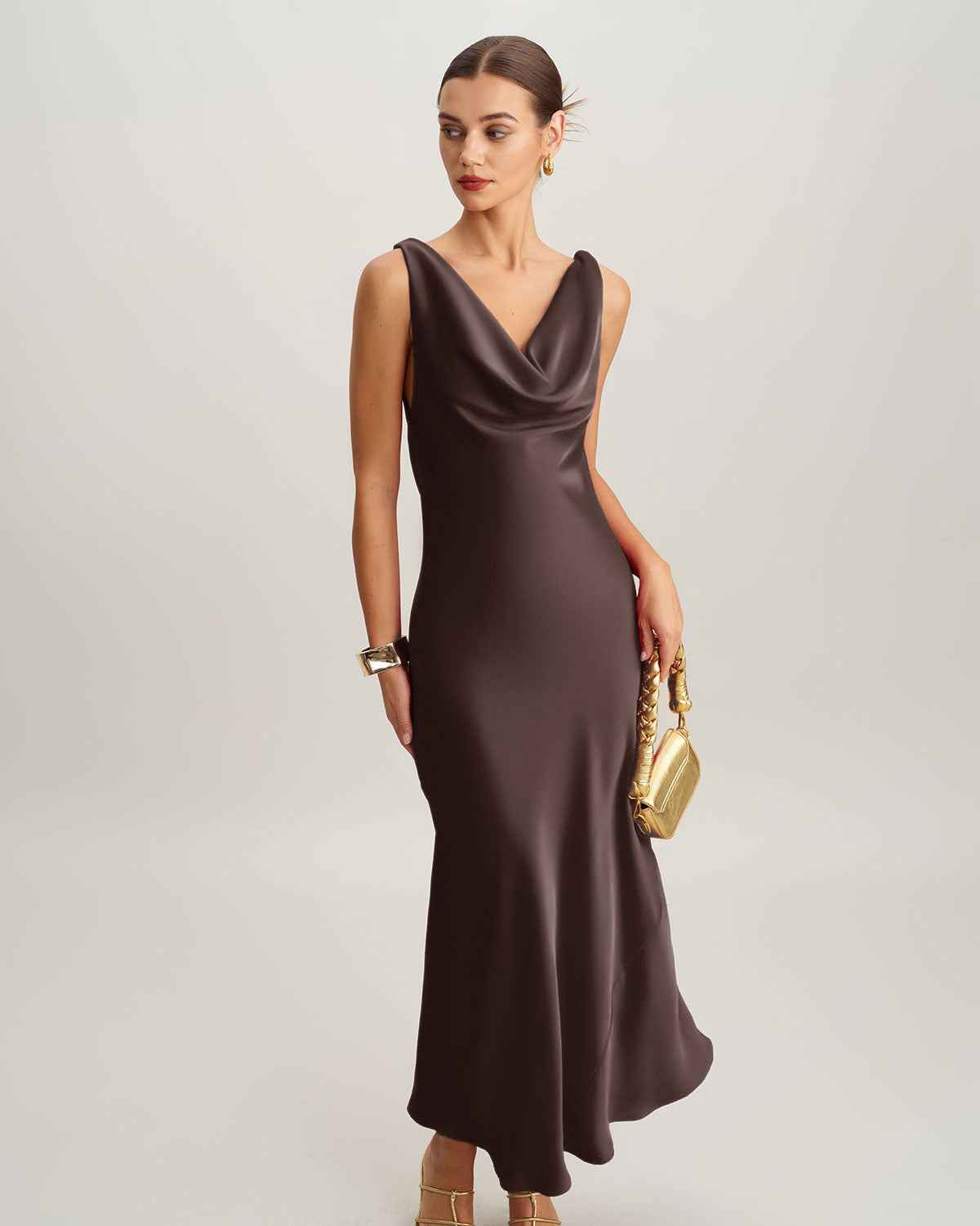 Coffee Satin Bodycon Maxi Prom Dress - Brown