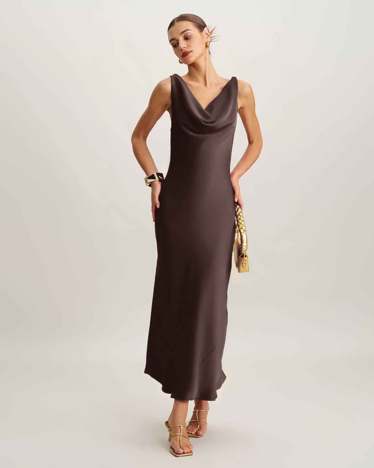 Coffee Satin Bodycon Maxi Prom Dress - Brown