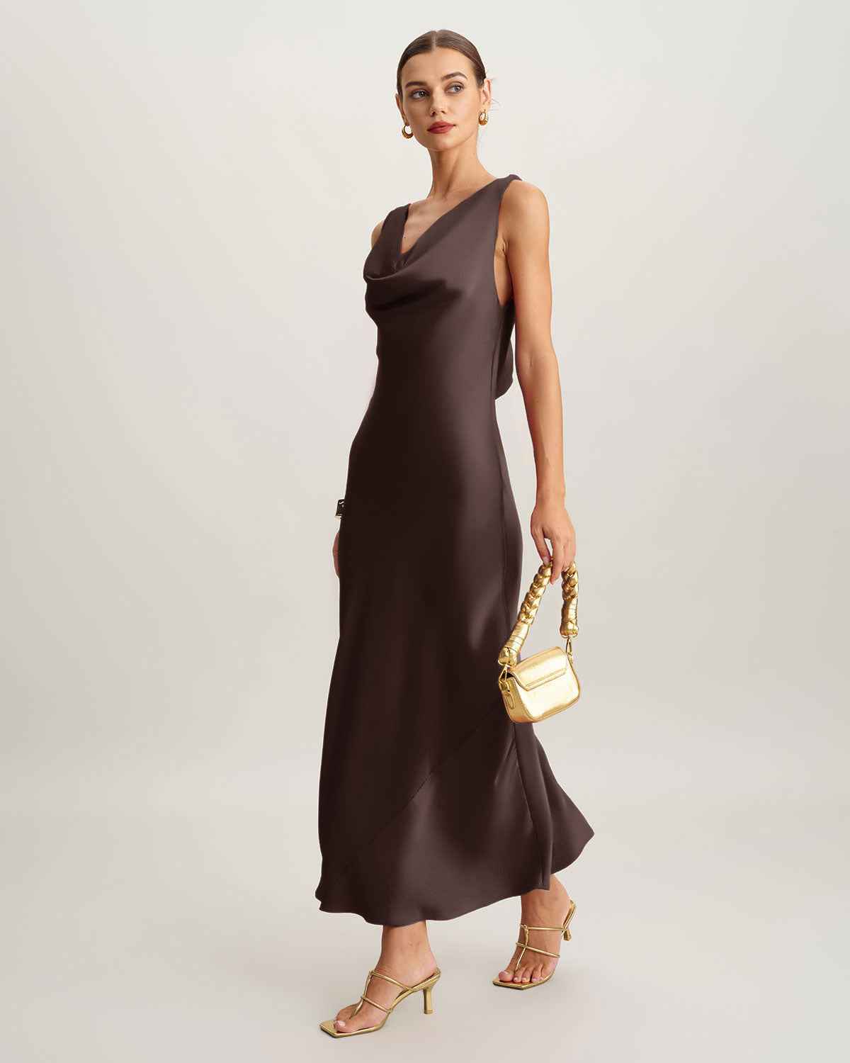 Coffee Satin Bodycon Maxi Prom Dress - Brown