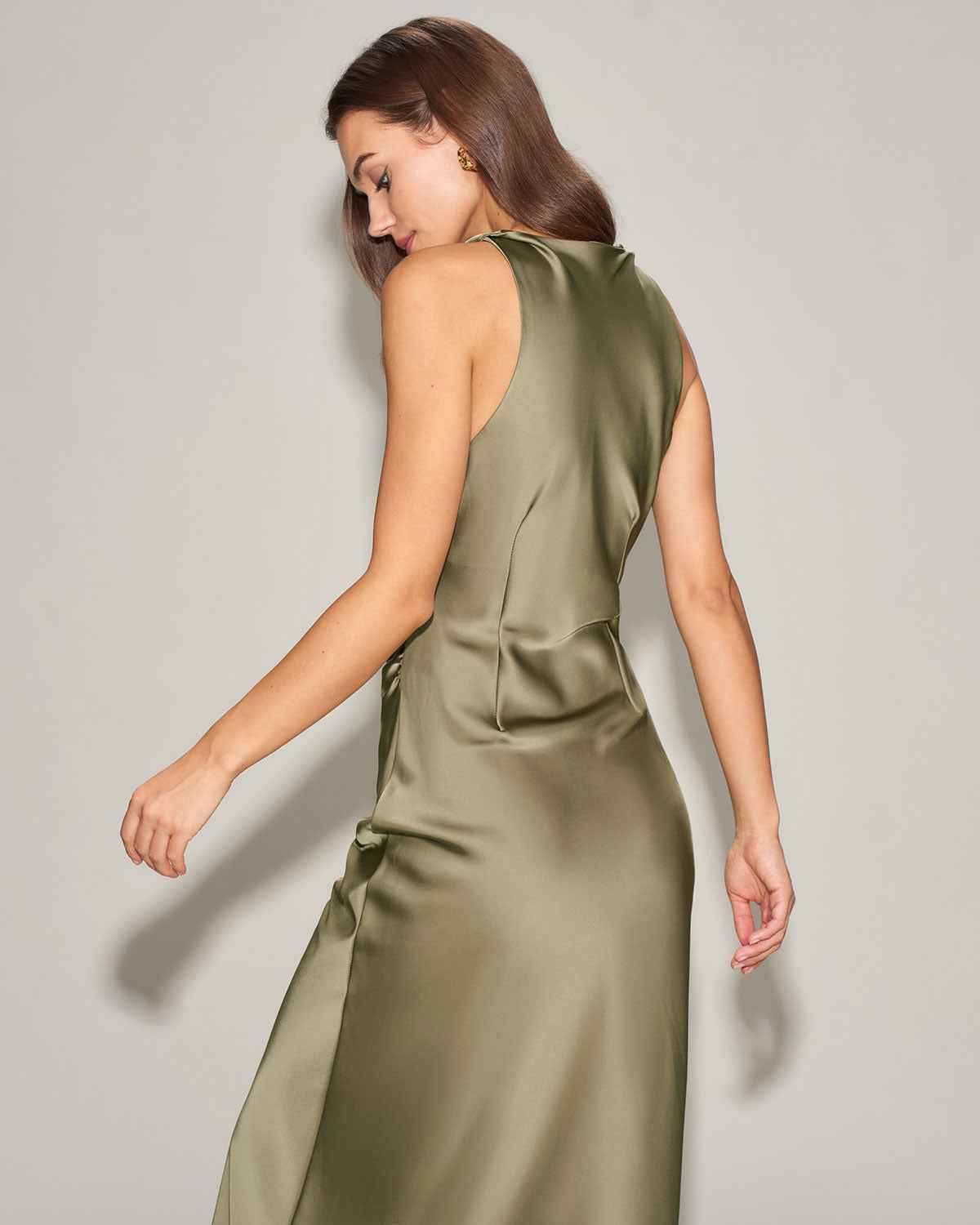 Satin Pleated Sleeveless Midi Prom Dress - Green