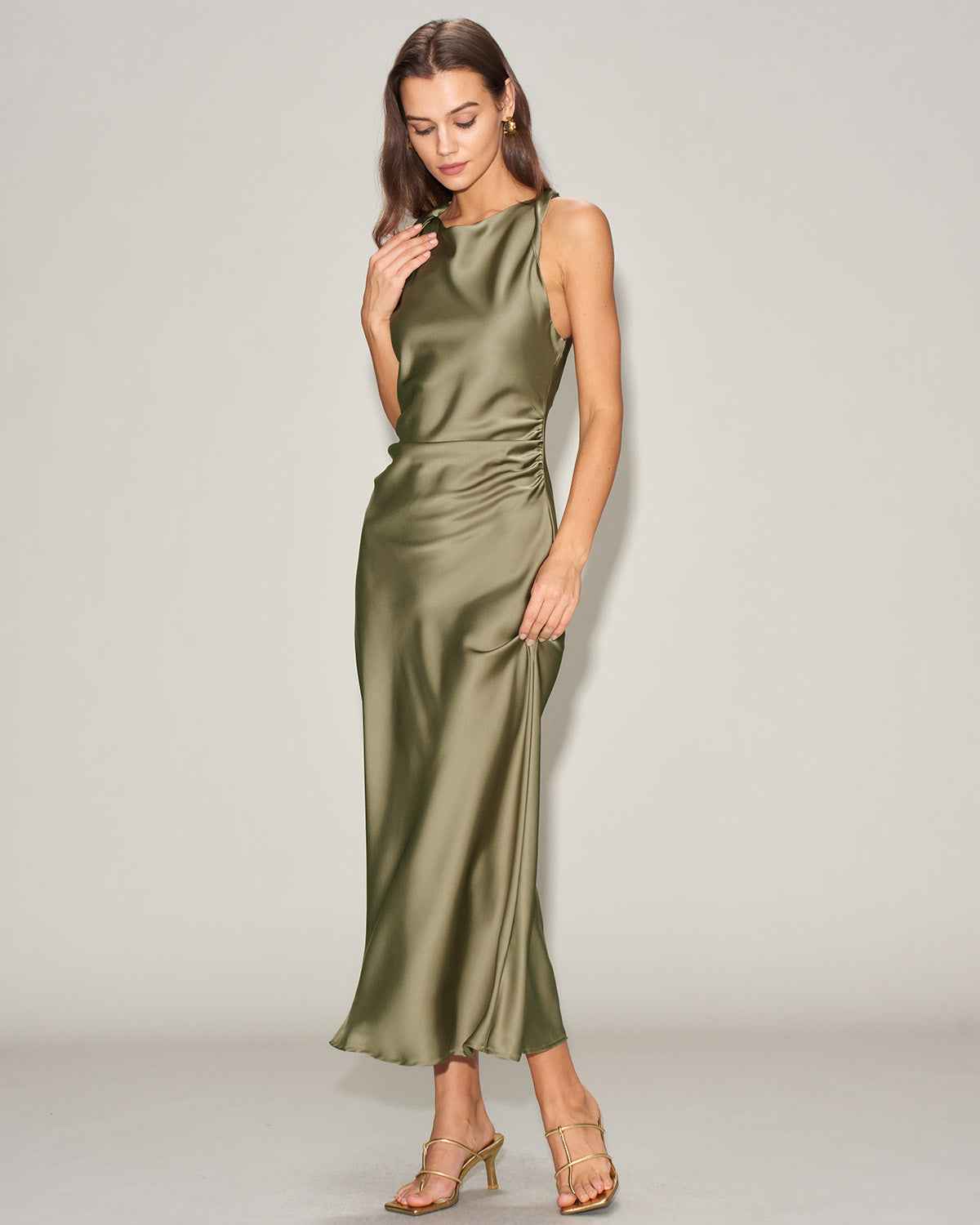 Satin Pleated Sleeveless Midi Prom Dress - Green