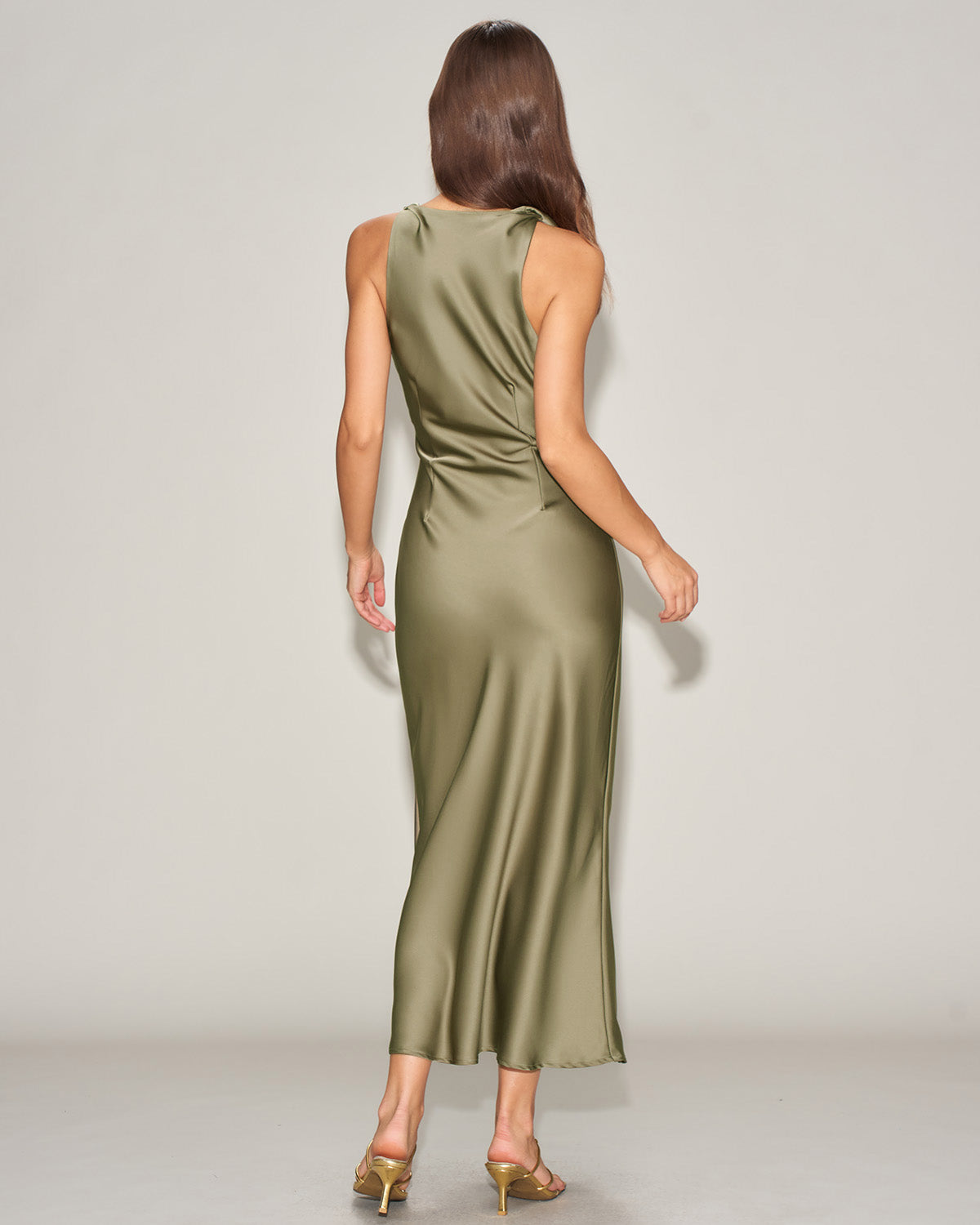 Satin Pleated Sleeveless Midi Prom Dress - Green