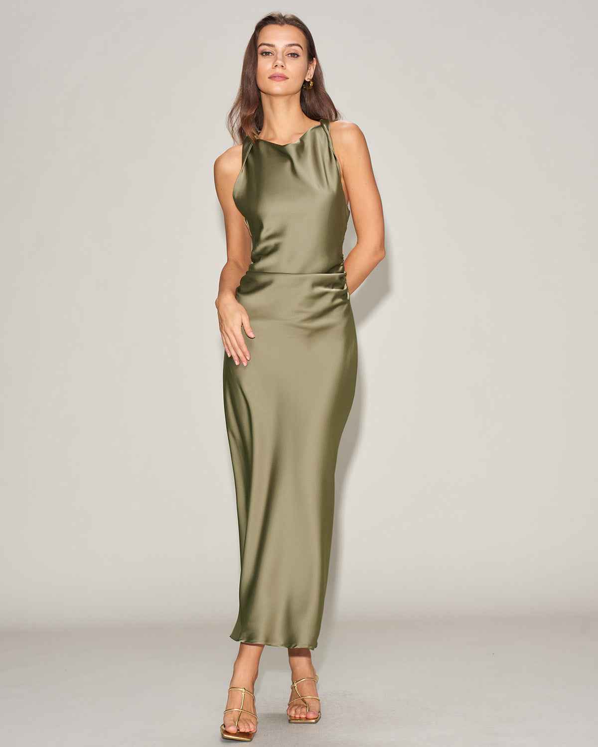 Satin Pleated Sleeveless Midi Prom Dress - Green